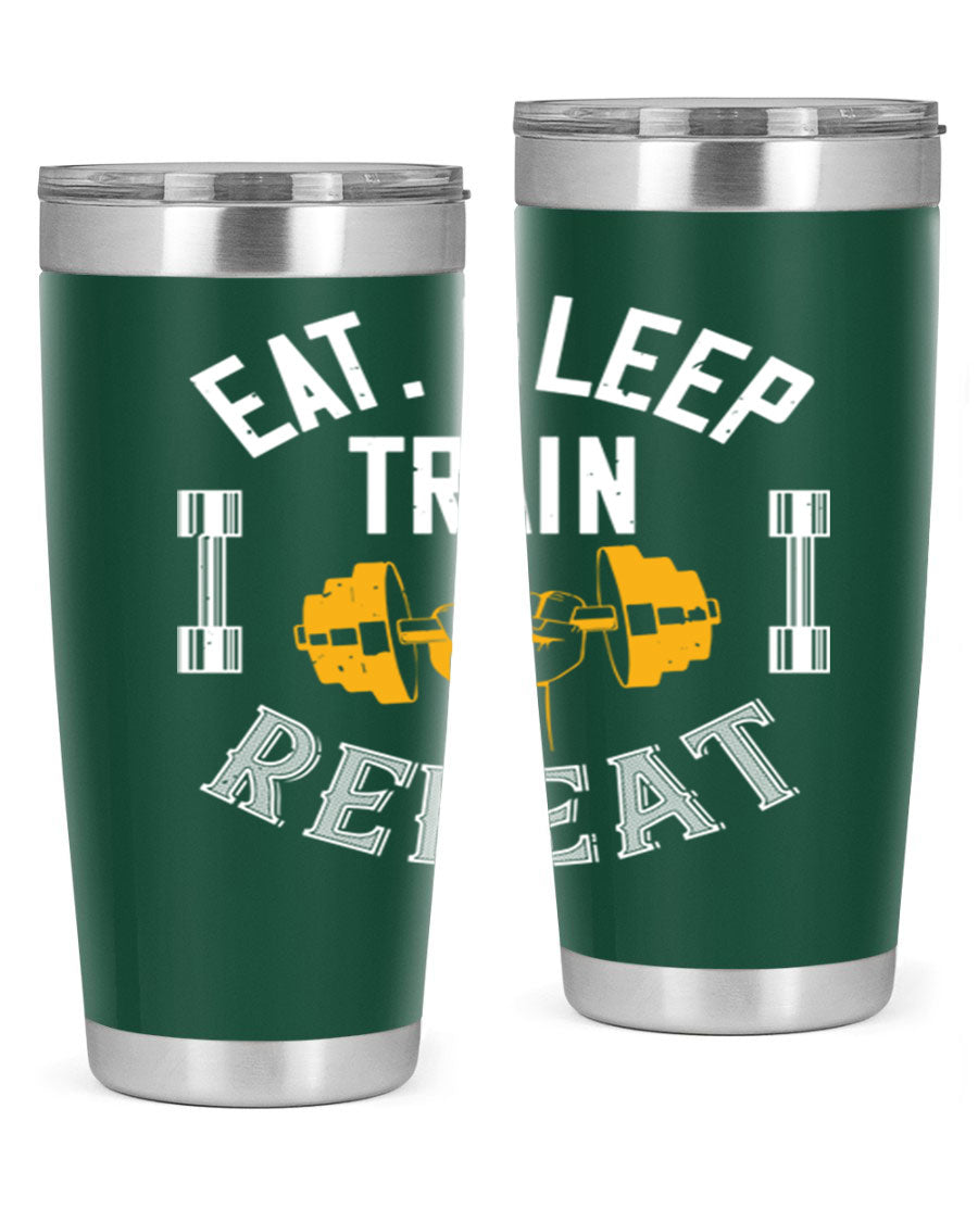Eat Sleep Train Rapid 56# Gym Tumbler in stainless steel with a drink-thru lid, showcasing its sleek design and double wall insulation.