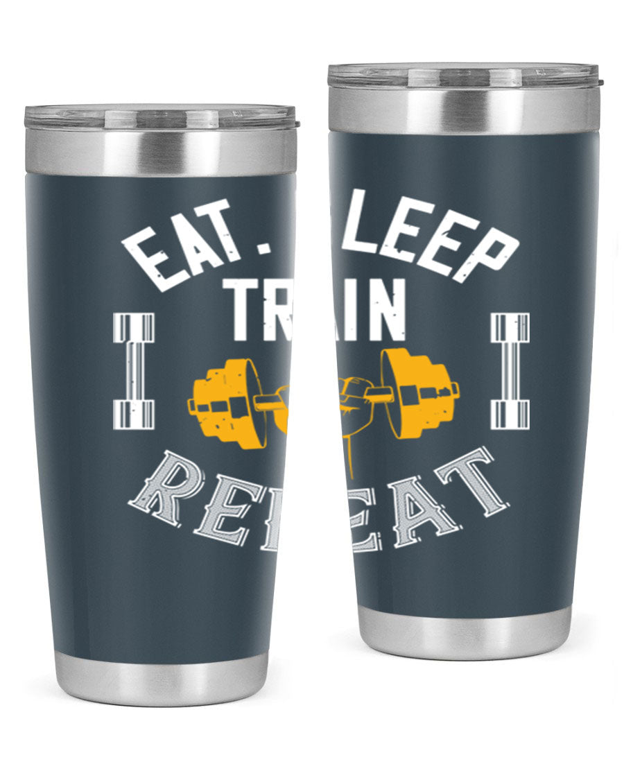 Eat Sleep Train Rapid 56# Gym Tumbler in stainless steel with a drink-thru lid, showcasing its sleek design and double wall insulation.