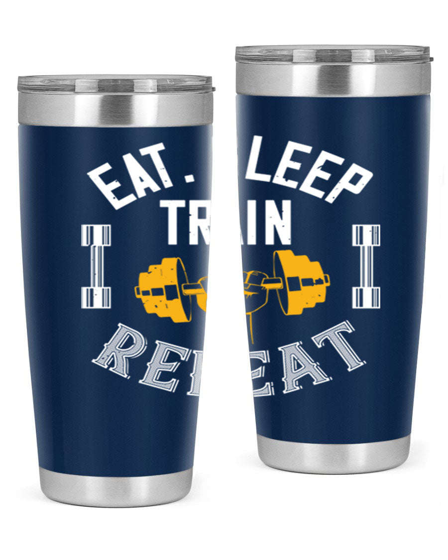 Eat Sleep Train Rapid 56# Gym Tumbler in stainless steel with a drink-thru lid, showcasing its sleek design and double wall insulation.