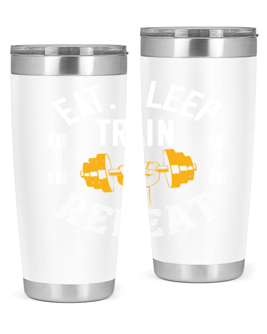 Eat Sleep Train Rapid 56# Gym Tumbler in stainless steel with a drink-thru lid, showcasing its sleek design and double wall insulation.