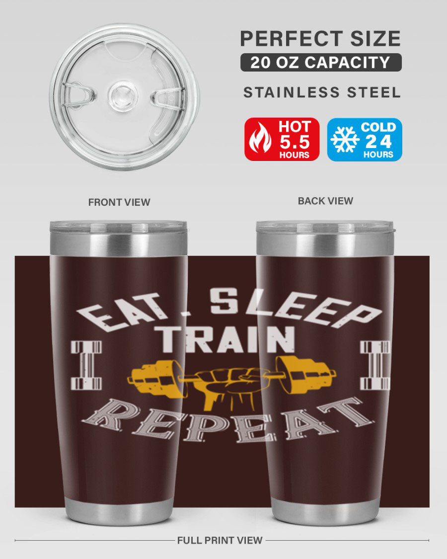 Eat Sleep Train Rapid 56# Gym Tumbler in stainless steel with a drink-thru lid, showcasing its sleek design and double wall insulation.