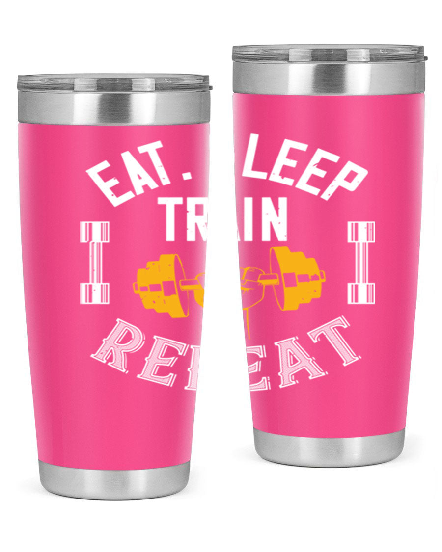Eat Sleep Train Rapid 56# Gym Tumbler in stainless steel with a drink-thru lid, showcasing its sleek design and double wall insulation.