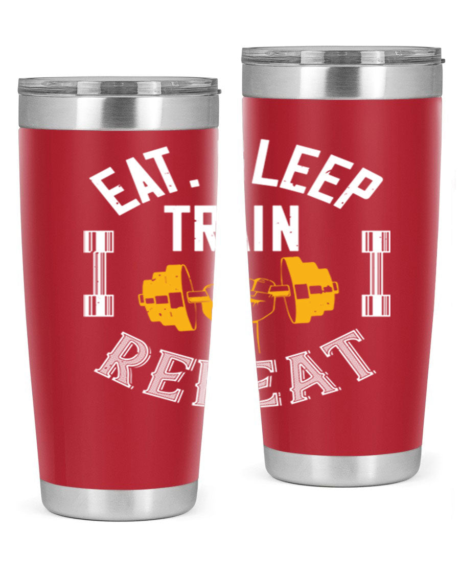 Eat Sleep Train Rapid 56# Gym Tumbler in stainless steel with a drink-thru lid, showcasing its sleek design and double wall insulation.