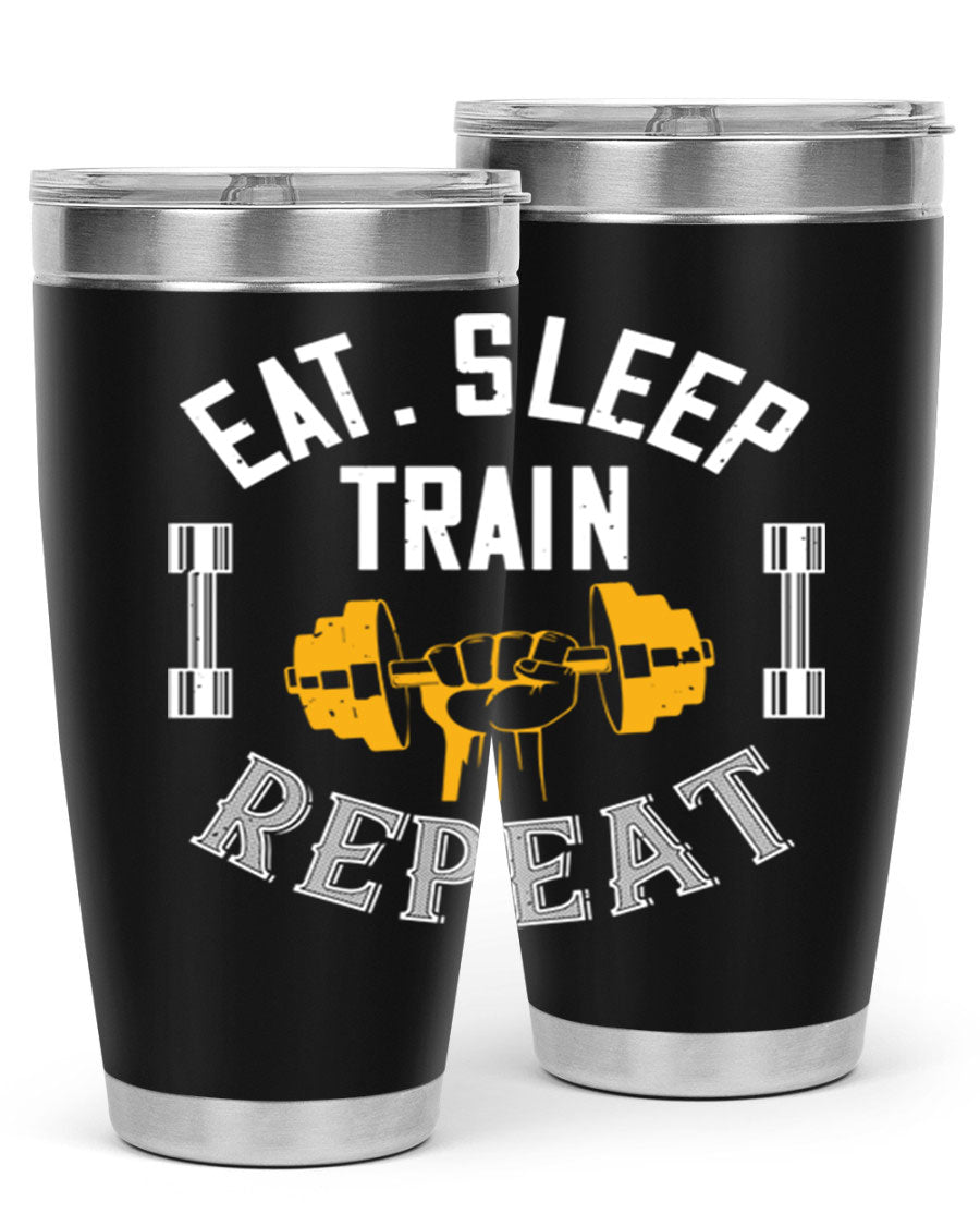 Eat Sleep Train Rapid 56# Gym Tumbler in stainless steel with a drink-thru lid, showcasing its sleek design and double wall insulation.