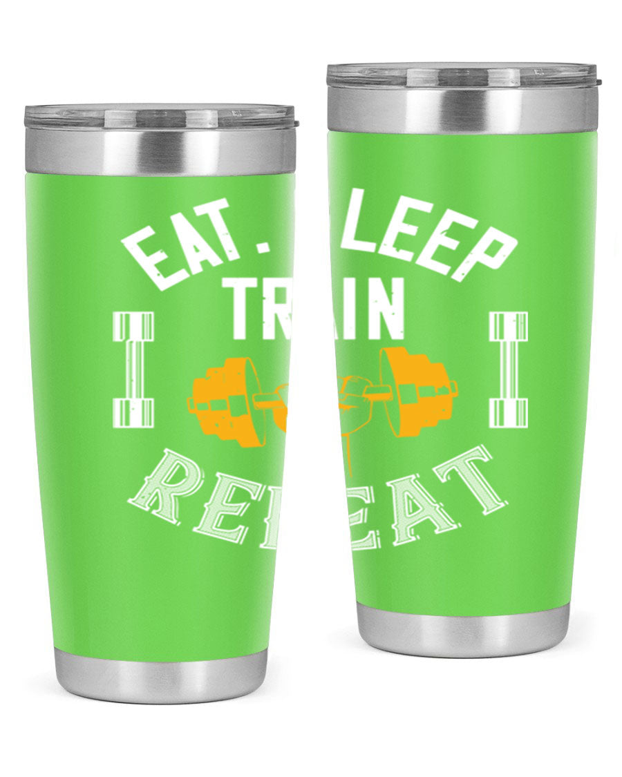 Eat Sleep Train Rapid 56# Gym Tumbler in stainless steel with a drink-thru lid, showcasing its sleek design and double wall insulation.