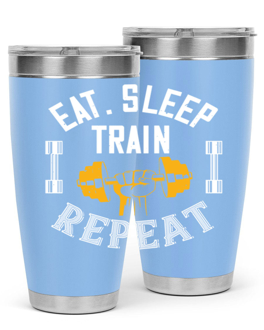Eat Sleep Train Rapid 56# Gym Tumbler in stainless steel with a drink-thru lid, showcasing its sleek design and double wall insulation.