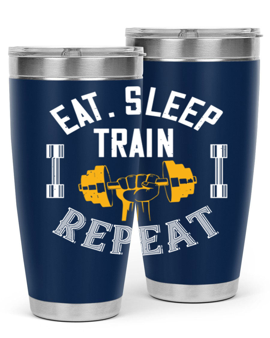 Eat Sleep Train Rapid 56# Gym Tumbler in stainless steel with a drink-thru lid, showcasing its sleek design and double wall insulation.