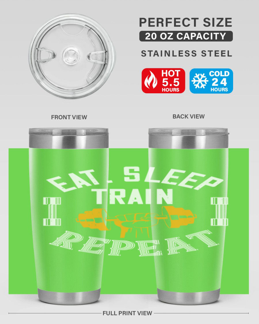 Eat Sleep Train Rapid 56# Gym Tumbler in stainless steel with a drink-thru lid, showcasing its sleek design and double wall insulation.