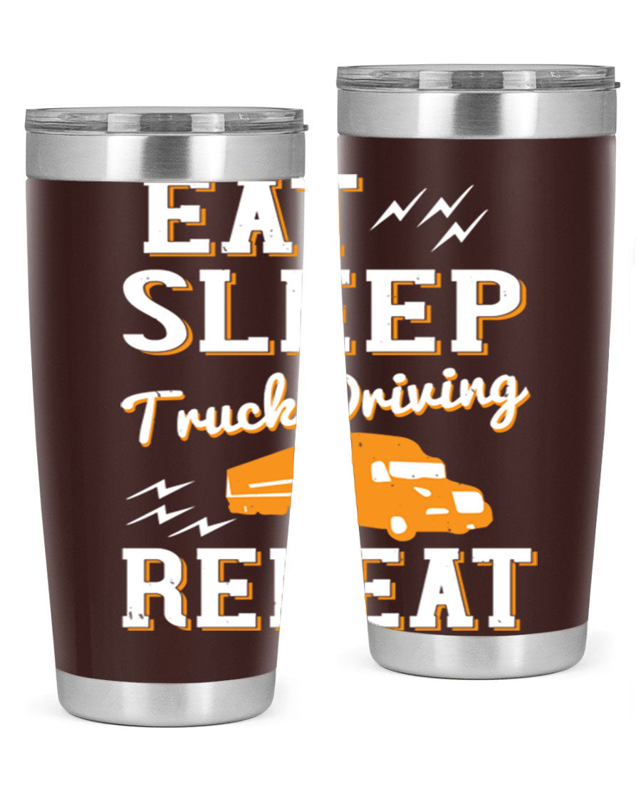 Eat Sleep Truck Driving Repeat tumbler in stainless steel with a drink-thru lid, perfect for truck drivers.