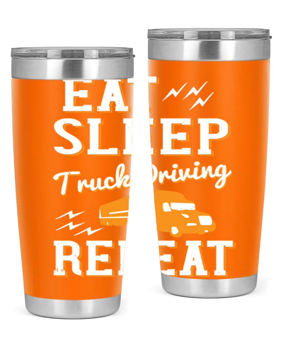 Eat Sleep Truck Driving Repeat tumbler in stainless steel with a drink-thru lid, perfect for truck drivers.