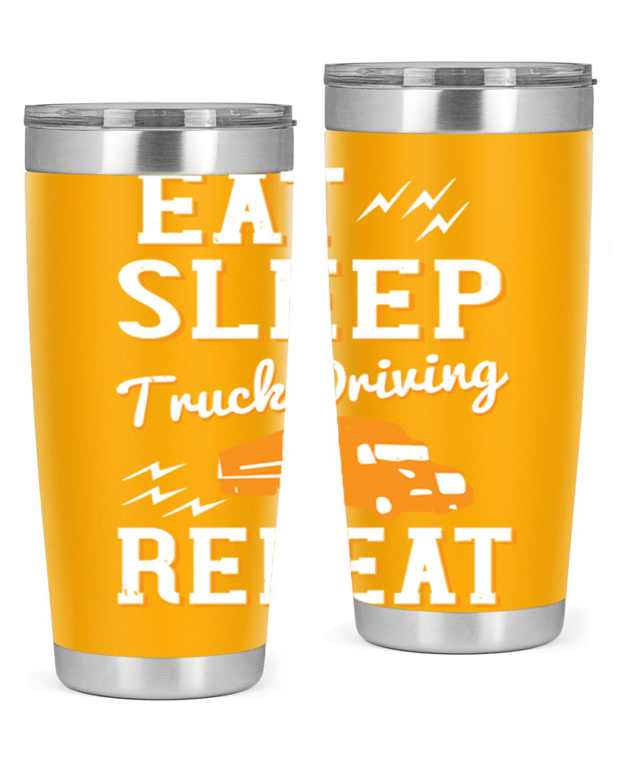 Eat Sleep Truck Driving Repeat tumbler in stainless steel with a drink-thru lid, perfect for truck drivers.
