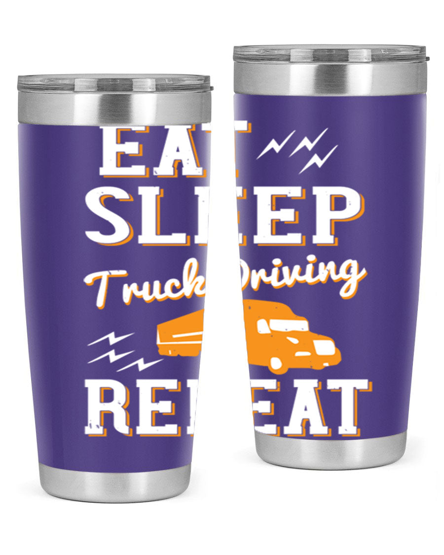 Eat Sleep Truck Driving Repeat tumbler in stainless steel with a drink-thru lid, perfect for truck drivers.