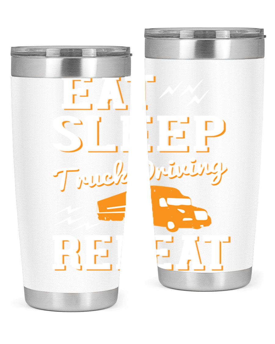 Eat Sleep Truck Driving Repeat tumbler in stainless steel with a drink-thru lid, perfect for truck drivers.