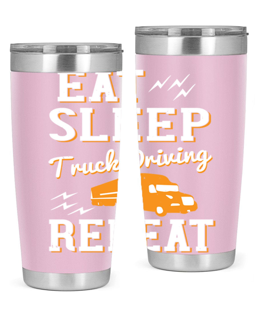 Eat Sleep Truck Driving Repeat tumbler in stainless steel with a drink-thru lid, perfect for truck drivers.