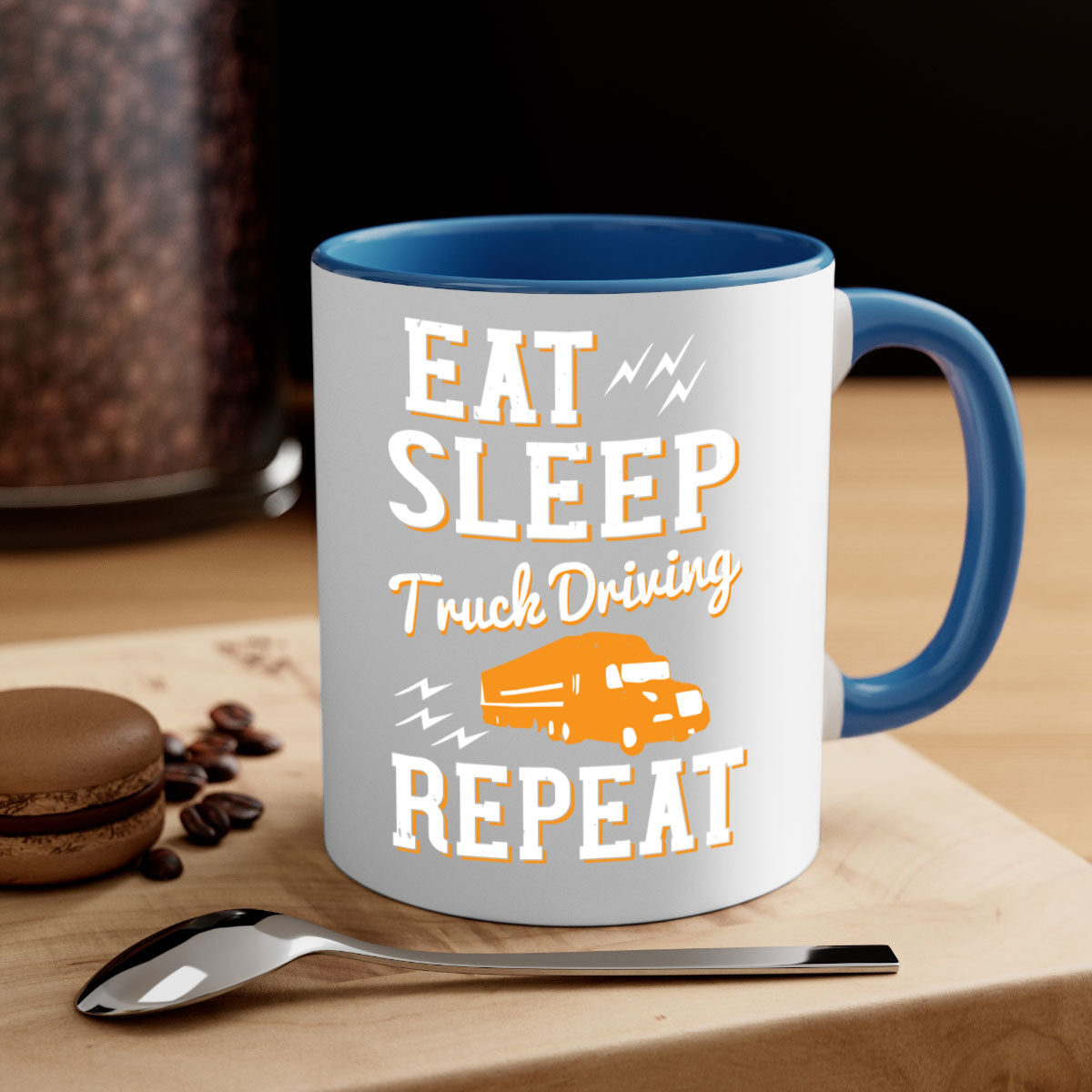 Eat Sleep Truck Driving Repeat Mug with colorful handle and glossy finish, perfect for truck drivers.