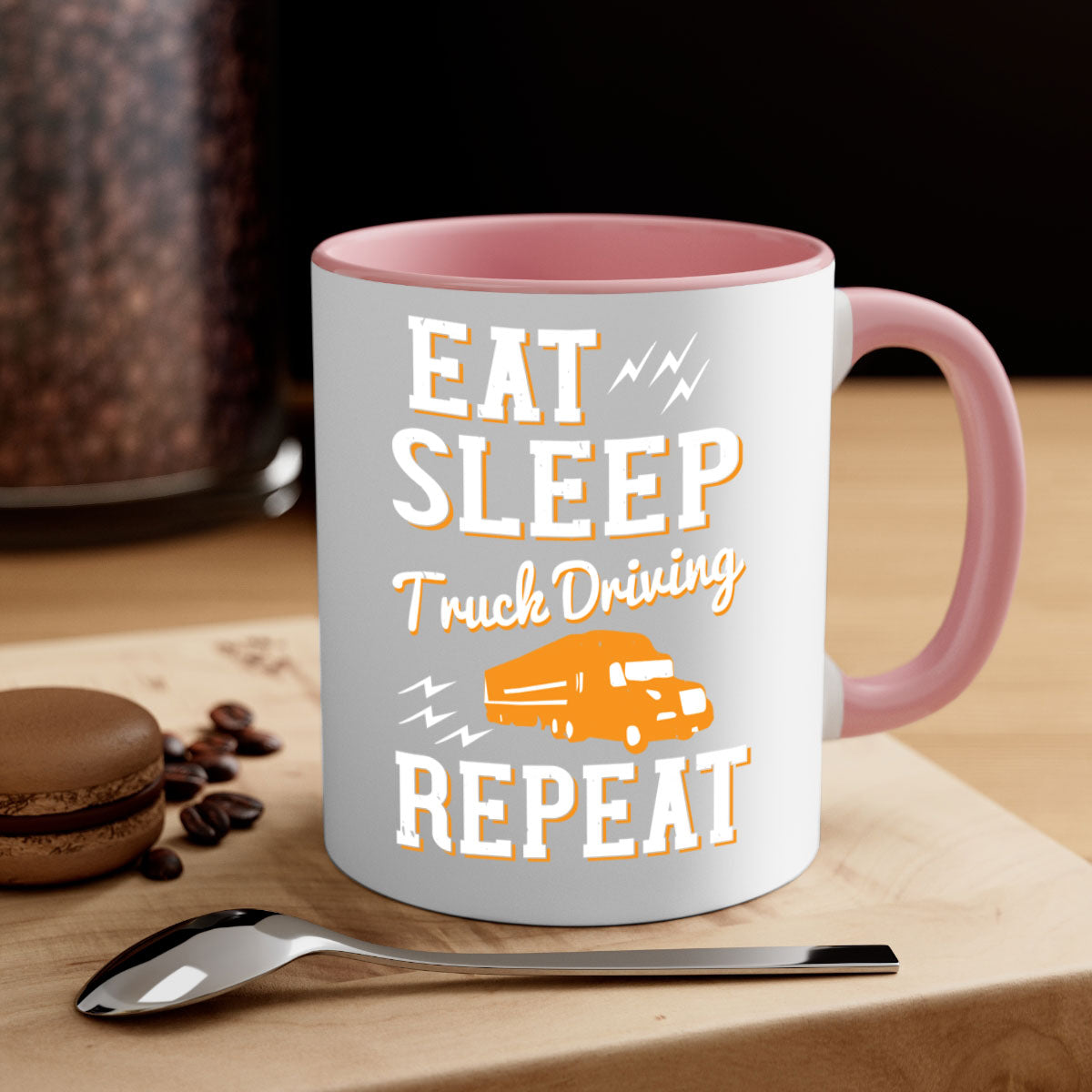 Eat Sleep Truck Driving Repeat Mug with colorful handle and glossy finish, perfect for truck drivers.