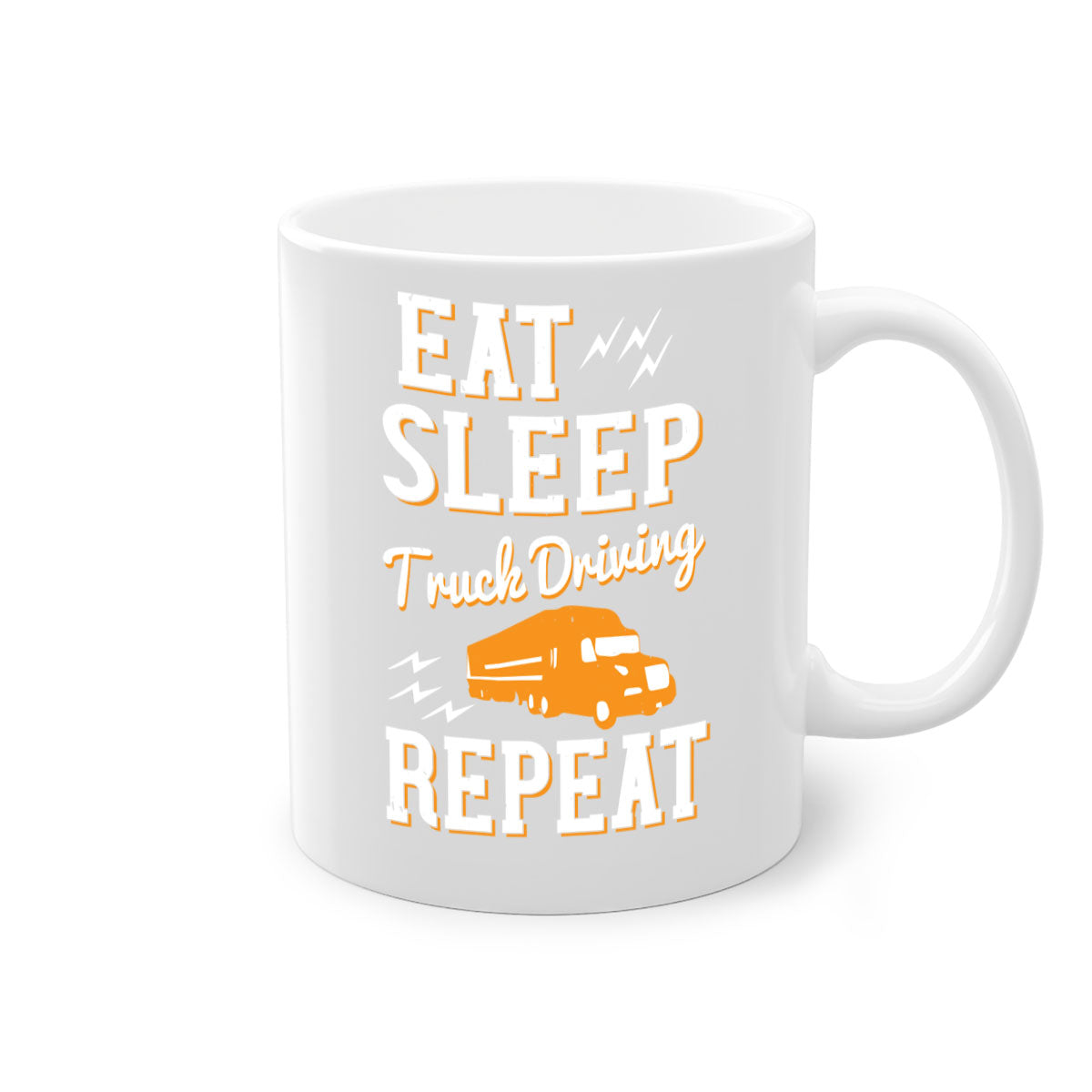 Eat Sleep Truck Driving Repeat Mug with colorful handle and glossy finish, perfect for truck drivers.