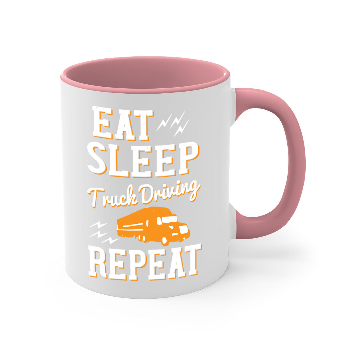 Eat Sleep Truck Driving Repeat Mug with colorful handle and glossy finish, perfect for truck drivers.