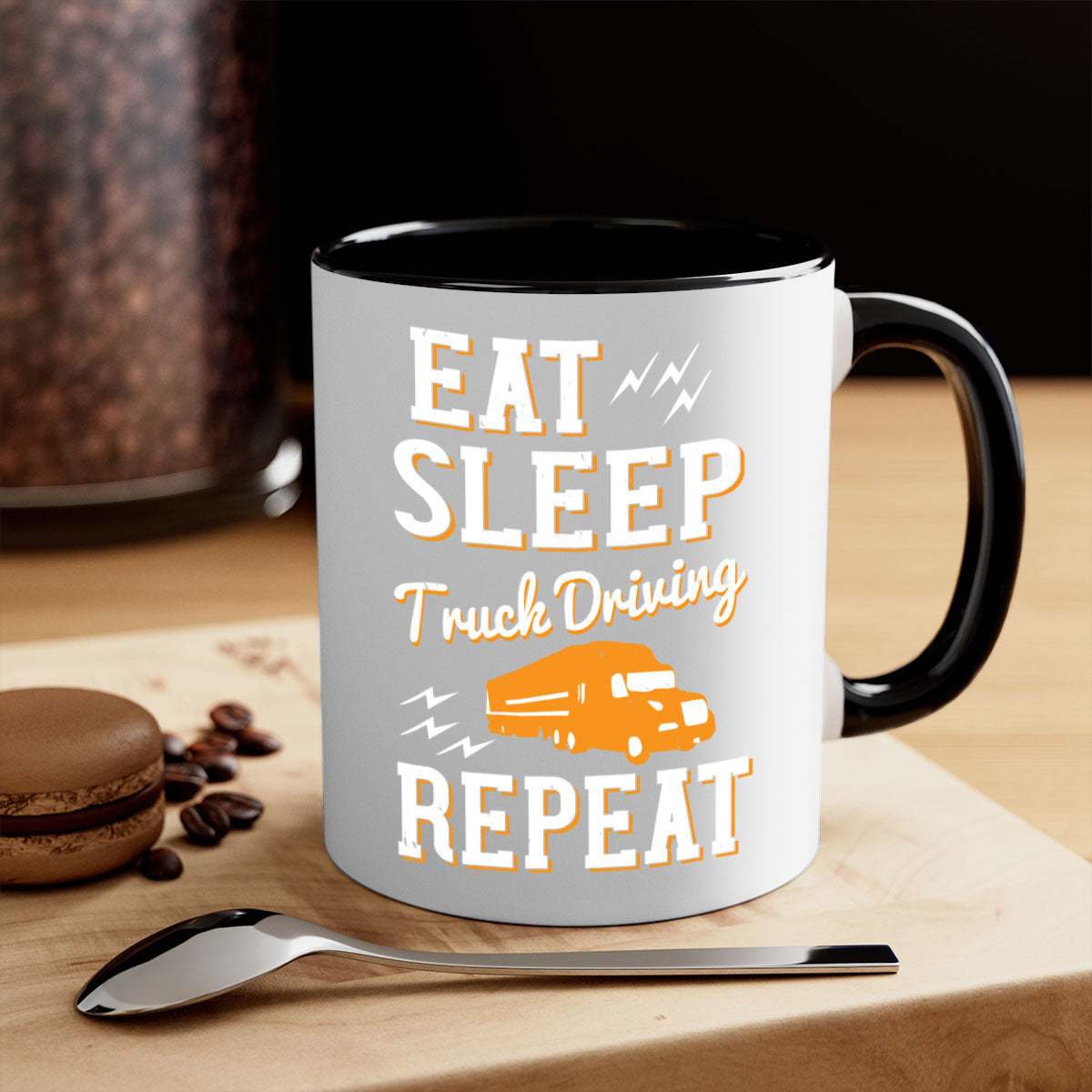 Eat Sleep Truck Driving Repeat Mug with colorful handle and glossy finish, perfect for truck drivers.