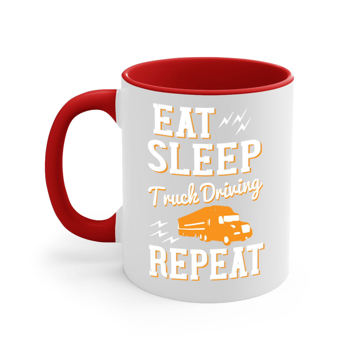 Eat Sleep Truck Driving Repeat Mug with colorful handle and glossy finish, perfect for truck drivers.