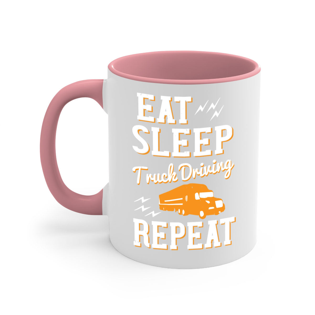 Eat Sleep Truck Driving Repeat Mug with colorful handle and glossy finish, perfect for truck drivers.