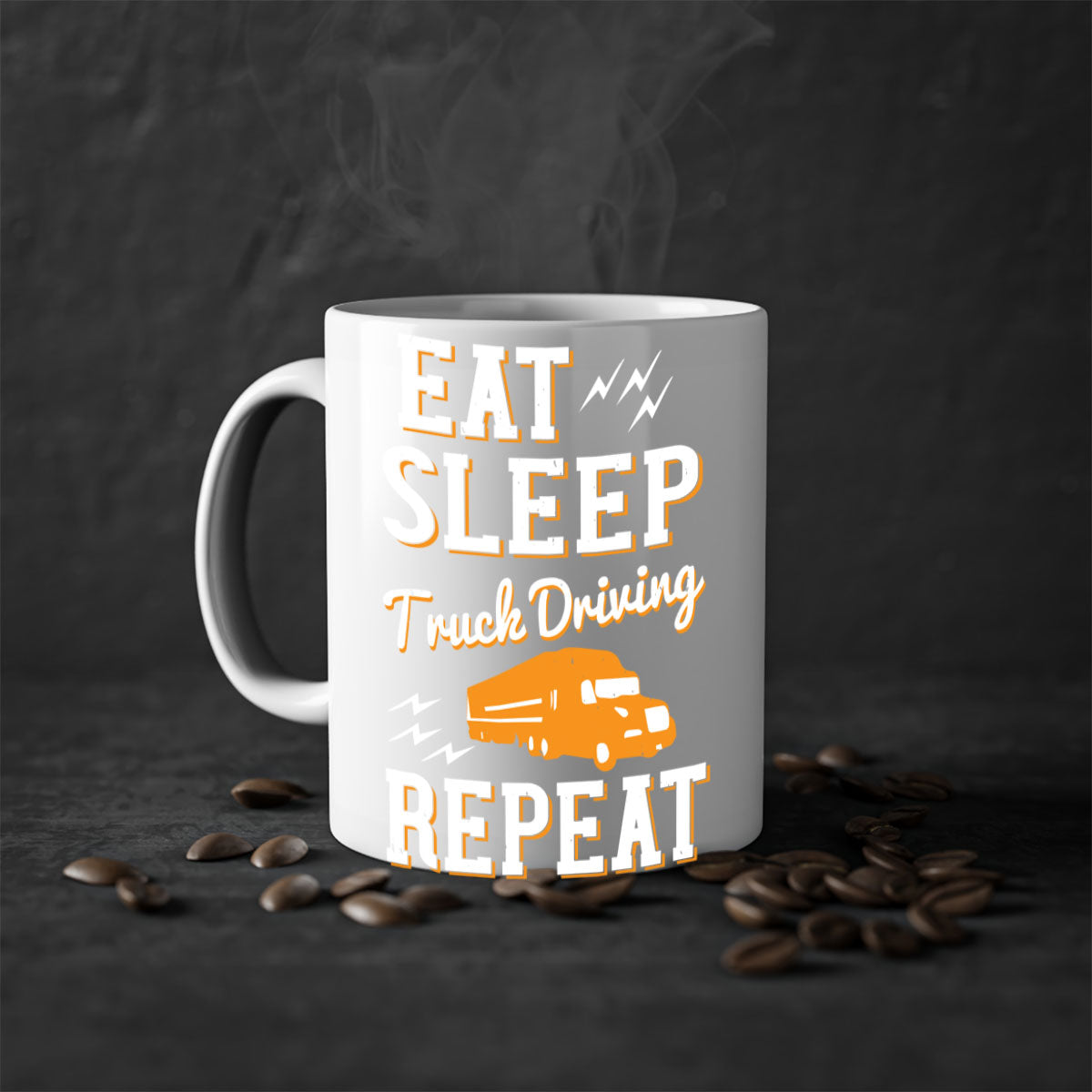 Eat Sleep Truck Driving Repeat Mug with colorful handle and glossy finish, perfect for truck drivers.