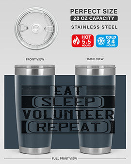 Eat Sleep Volunteer Repeat Style 15# tumbler, 20oz double wall vacuum stainless steel with copper lining, featuring a drink-thru lid.