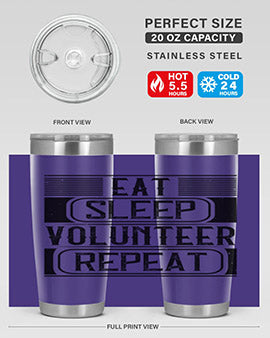 Eat Sleep Volunteer Repeat Style 15# tumbler, 20oz double wall vacuum stainless steel with copper lining, featuring a drink-thru lid.