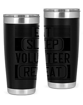 Eat Sleep Volunteer Repeat Style 15# tumbler, 20oz double wall vacuum stainless steel with copper lining, featuring a drink-thru lid.