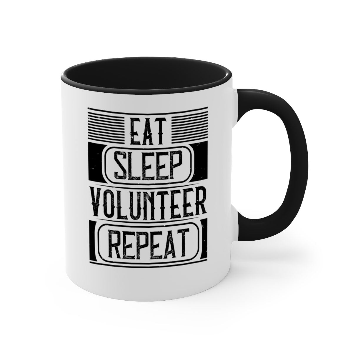 Eat Sleep Volunteer Repeat Mug with colorful handle and glossy finish, available in multiple colors and sizes.