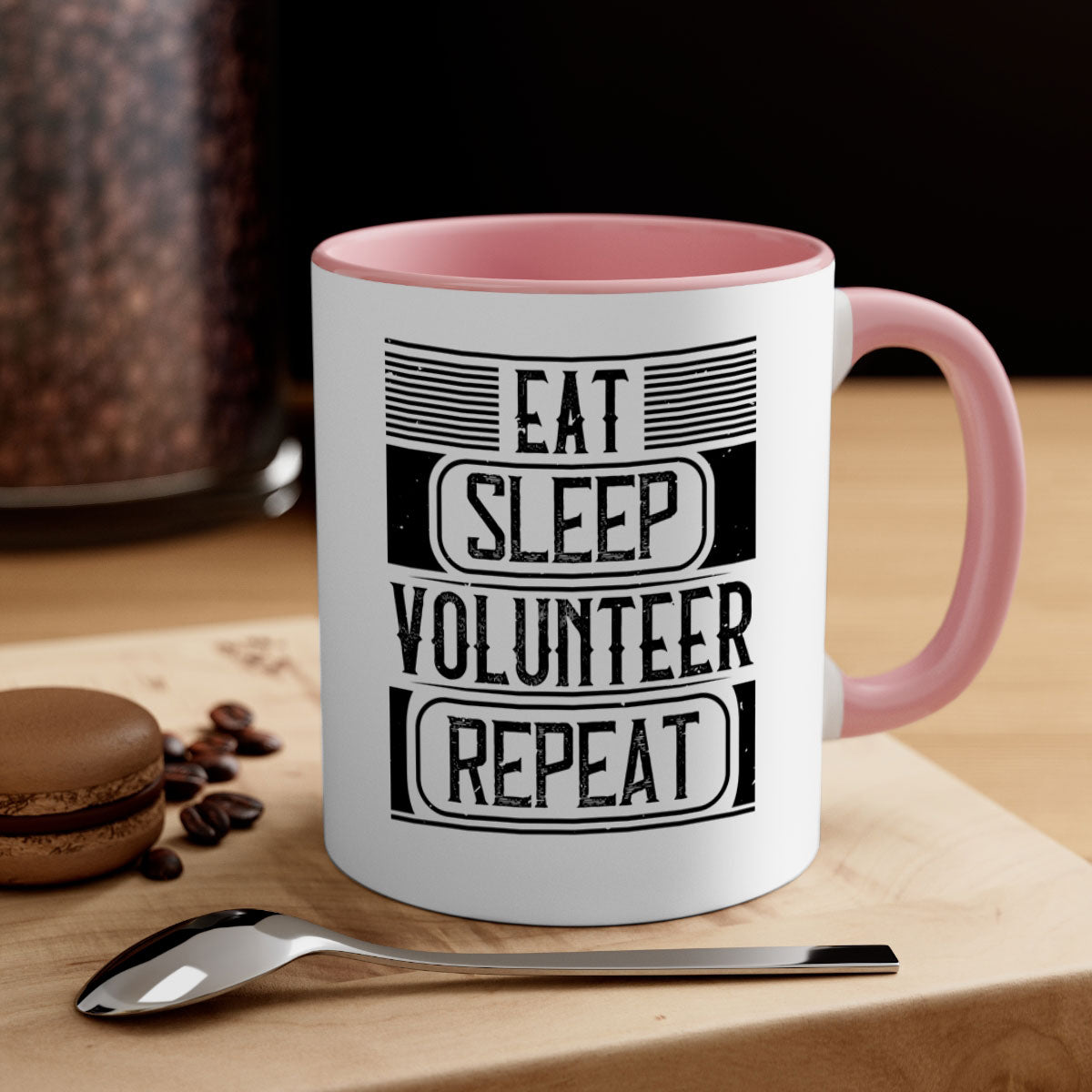 Eat Sleep Volunteer Repeat Mug with colorful handle and glossy finish, available in multiple colors and sizes.