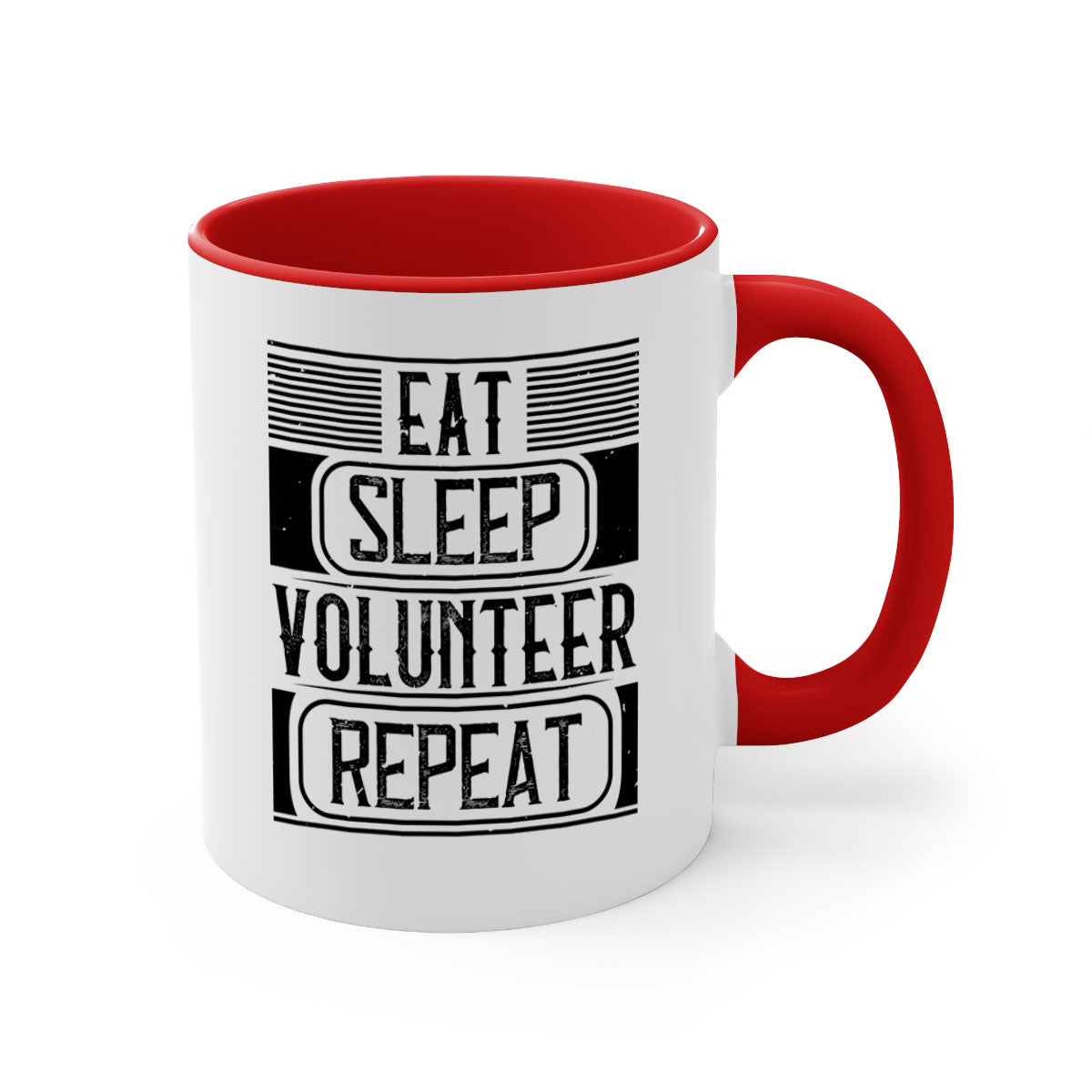 Eat Sleep Volunteer Repeat Mug with colorful handle and glossy finish, available in multiple colors and sizes.
