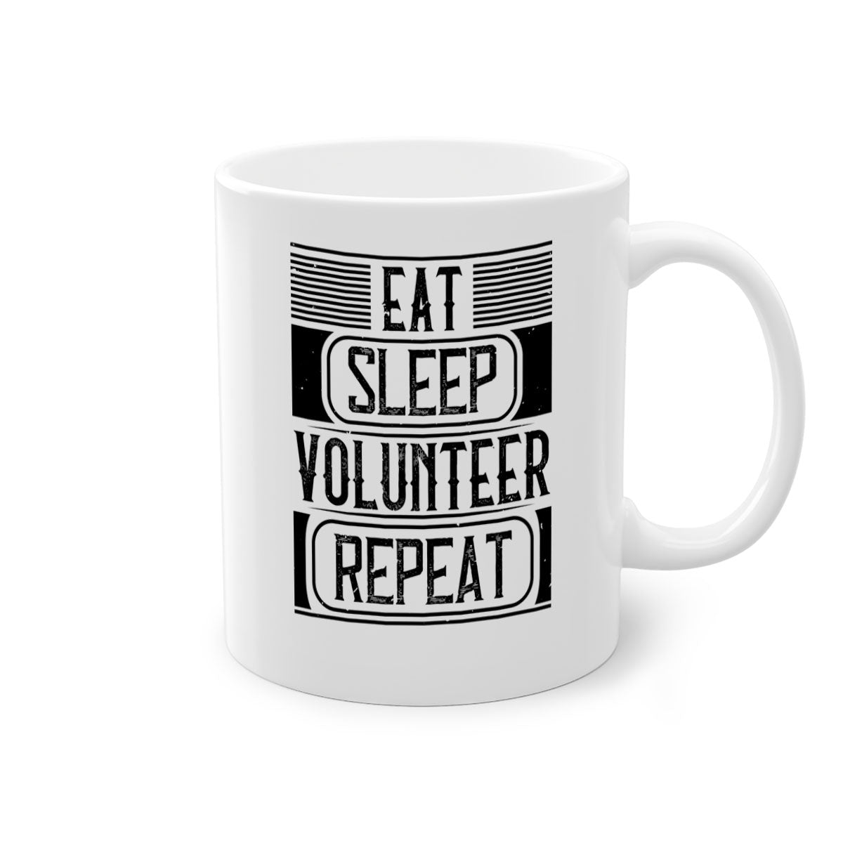 Eat Sleep Volunteer Repeat Mug with colorful handle and glossy finish, available in multiple colors and sizes.