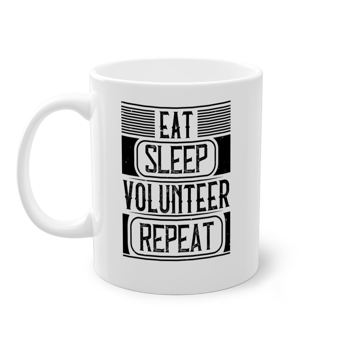 Eat Sleep Volunteer Repeat Mug with colorful handle and glossy finish, available in multiple colors and sizes.