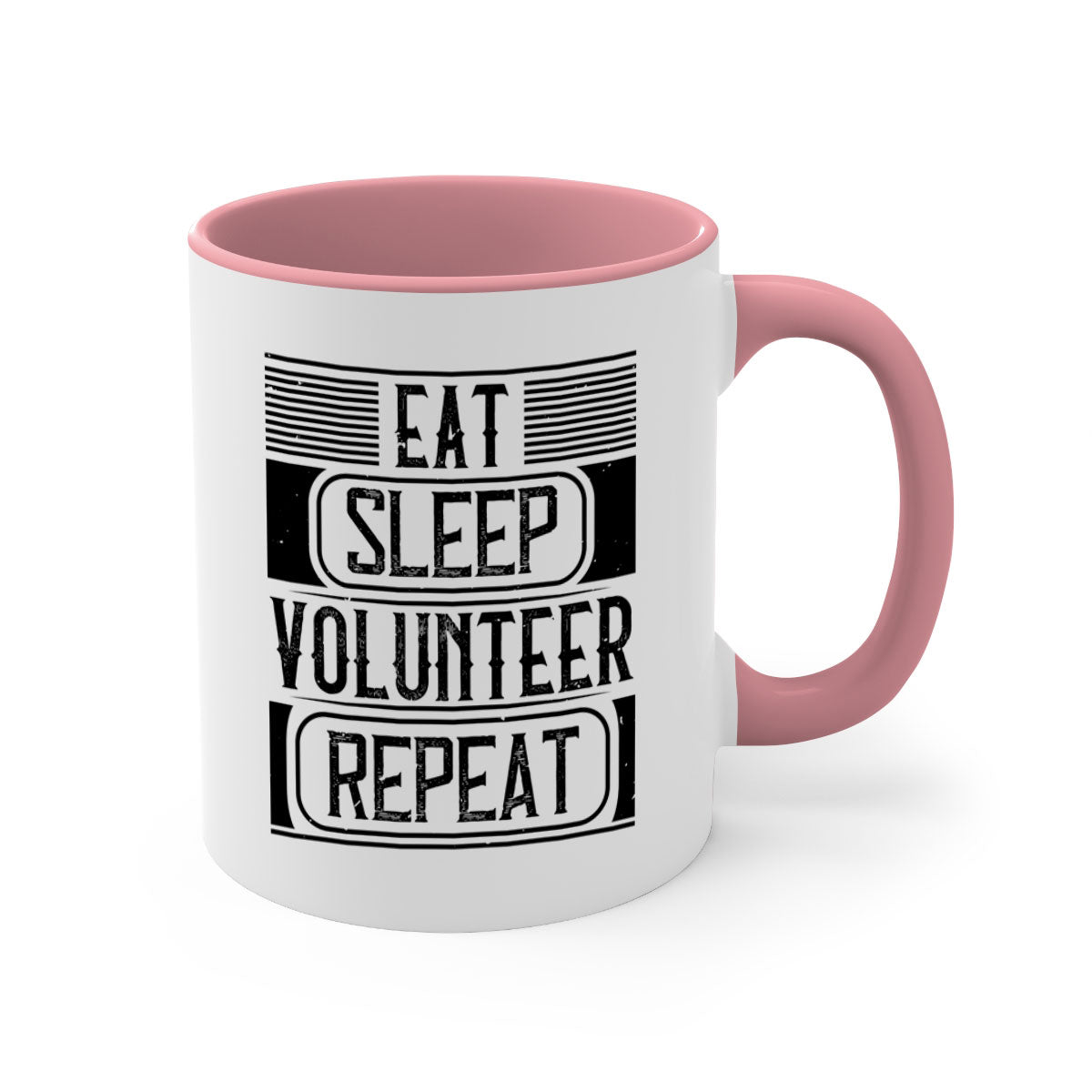 Eat Sleep Volunteer Repeat Mug with colorful handle and glossy finish, available in multiple colors and sizes.