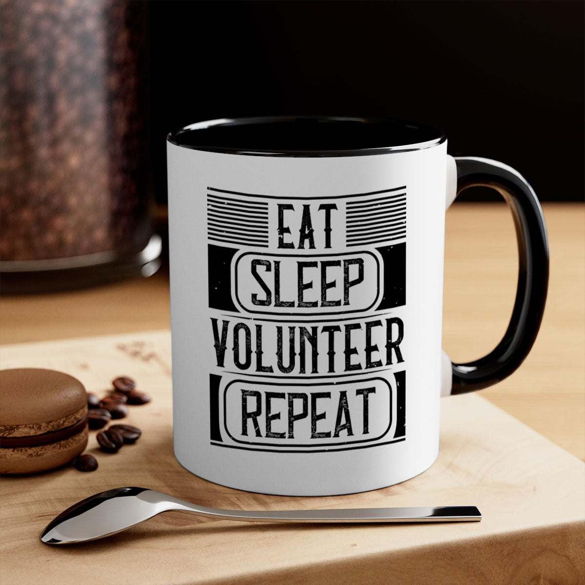 Eat Sleep Volunteer Repeat Mug with colorful handle and glossy finish, available in multiple colors and sizes.