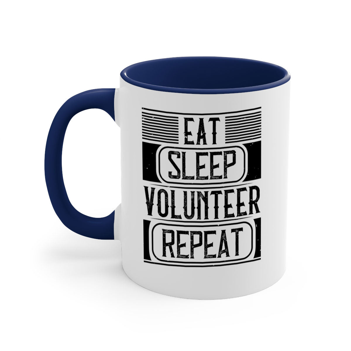 Eat Sleep Volunteer Repeat Mug with colorful handle and glossy finish, available in multiple colors and sizes.