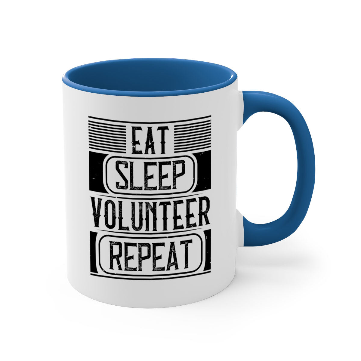 Eat Sleep Volunteer Repeat Mug with colorful handle and glossy finish, available in multiple colors and sizes.
