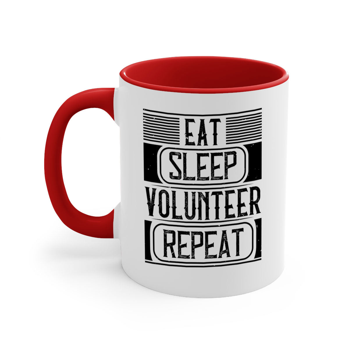 Eat Sleep Volunteer Repeat Mug with colorful handle and glossy finish, available in multiple colors and sizes.