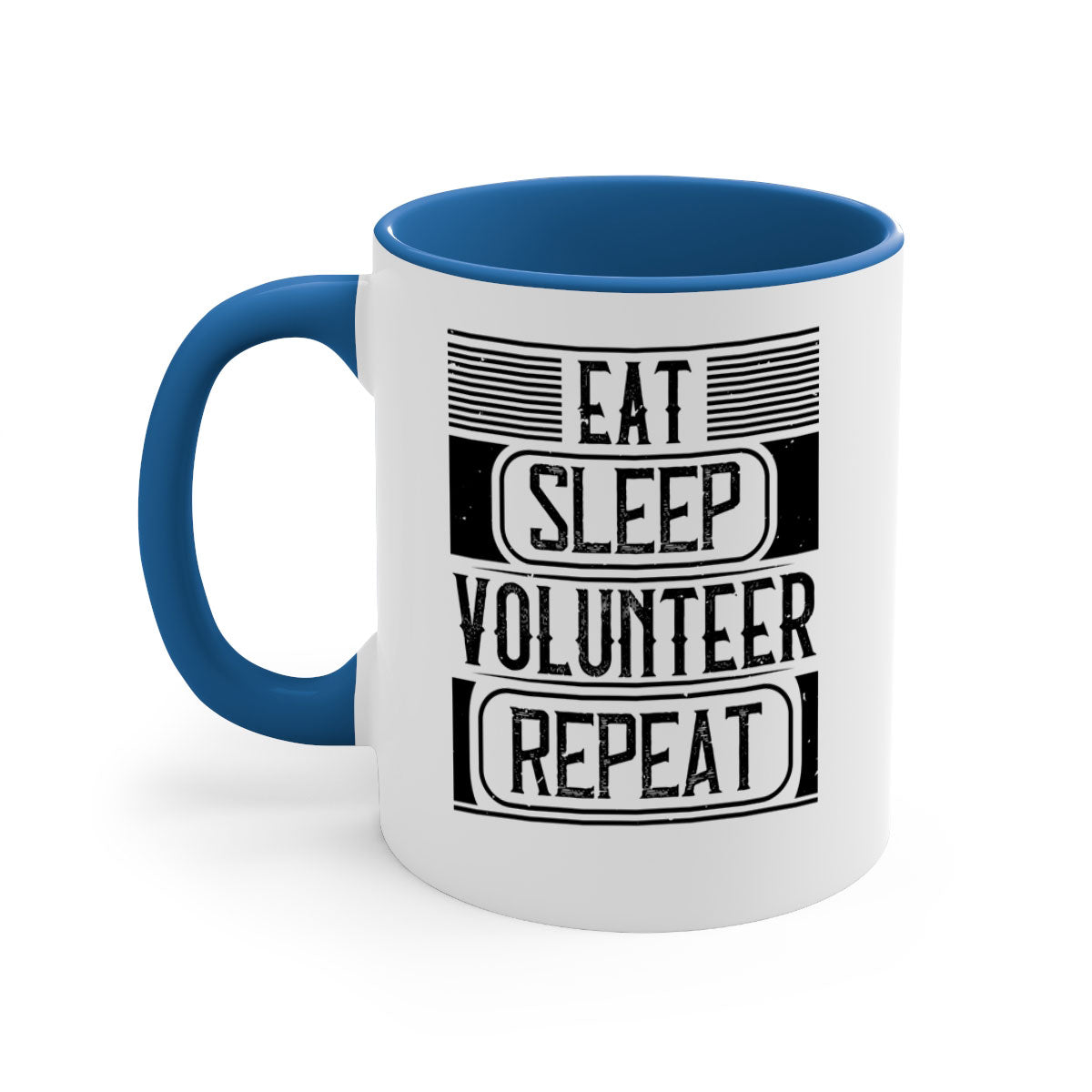 Eat Sleep Volunteer Repeat Mug with colorful handle and glossy finish, available in multiple colors and sizes.