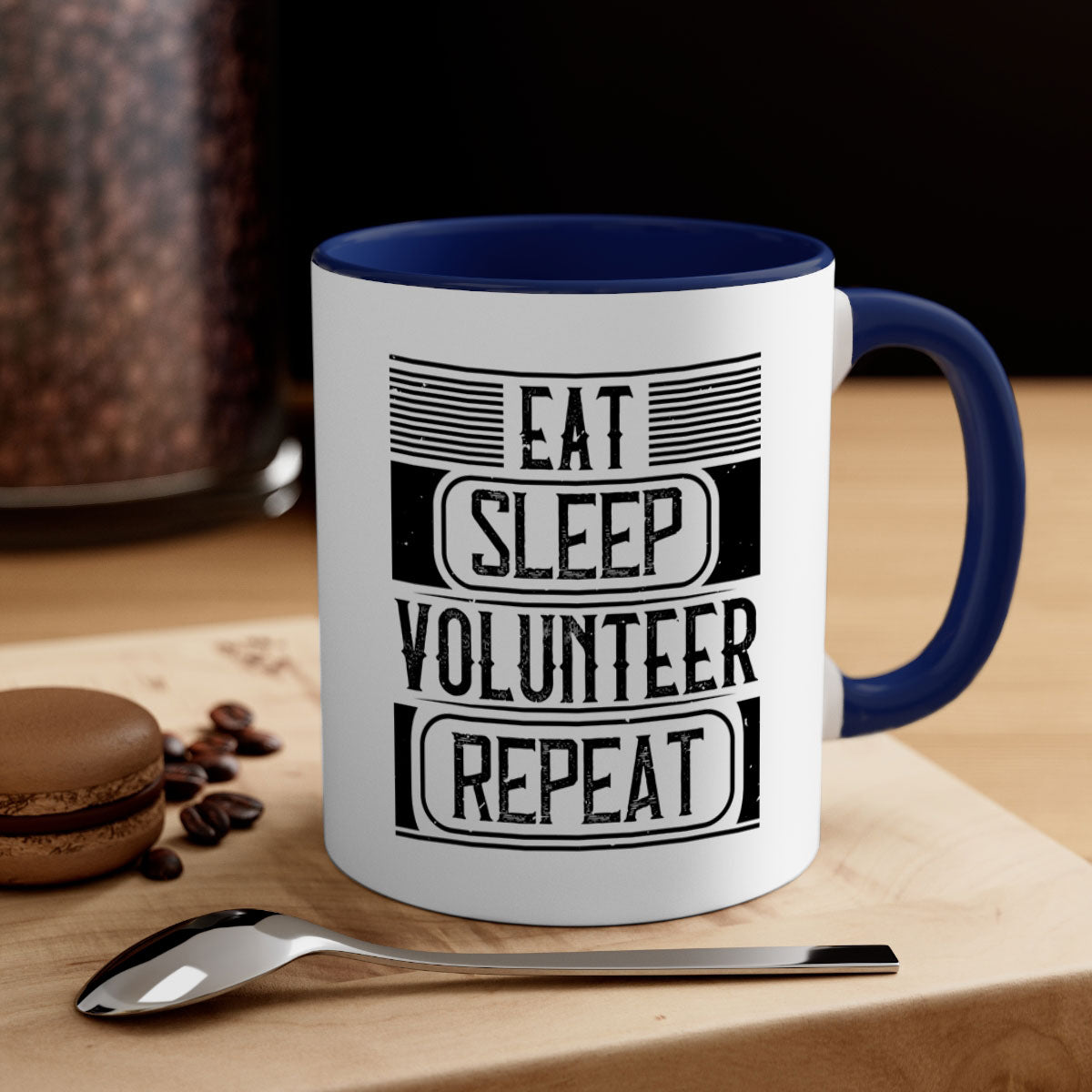 Eat Sleep Volunteer Repeat Mug with colorful handle and glossy finish, available in multiple colors and sizes.