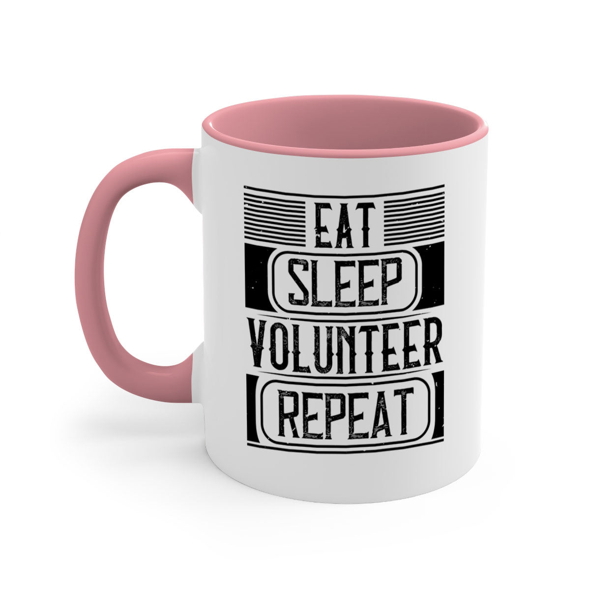 Eat Sleep Volunteer Repeat Mug with colorful handle and glossy finish, available in multiple colors and sizes.