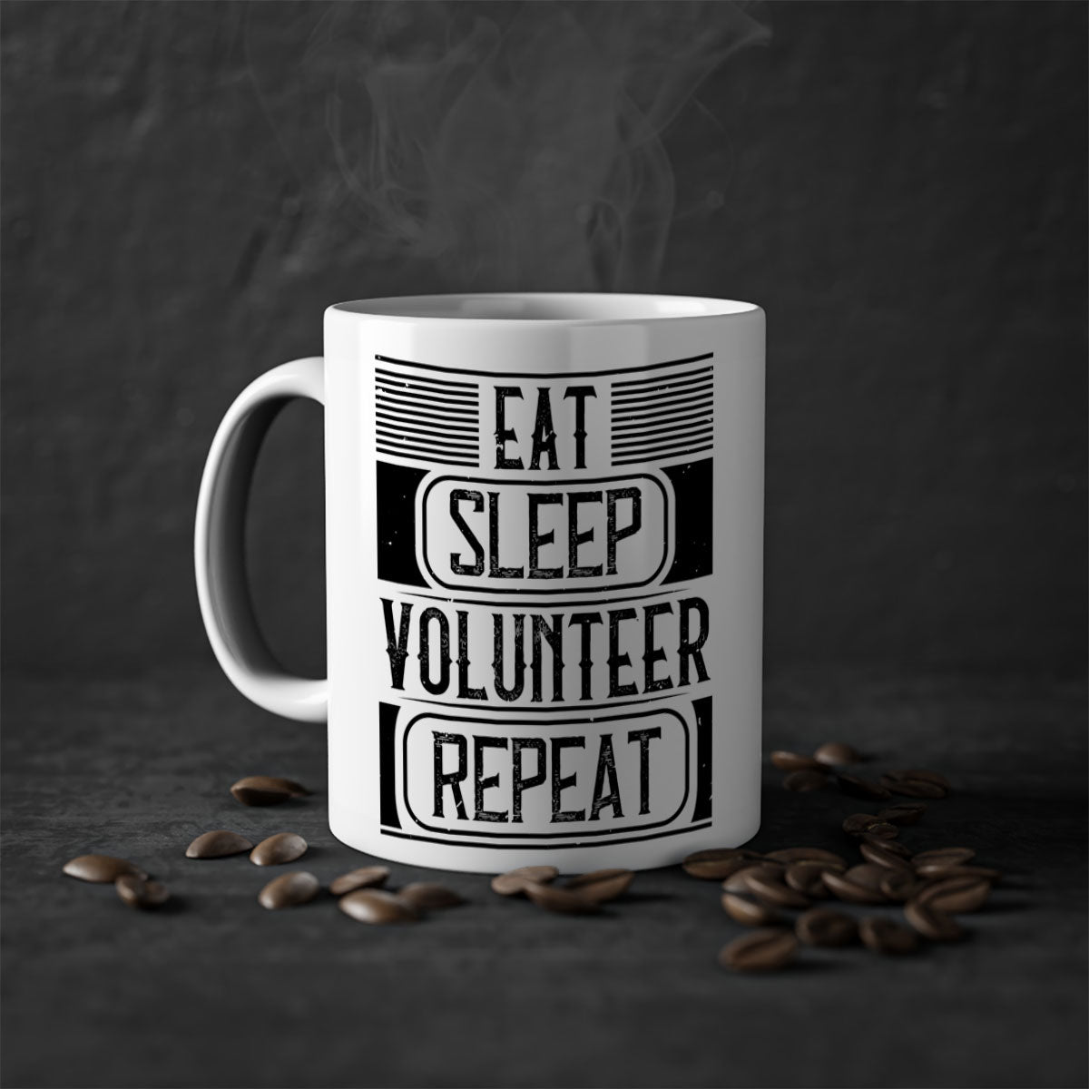 Eat Sleep Volunteer Repeat Mug with colorful handle and glossy finish, available in multiple colors and sizes.