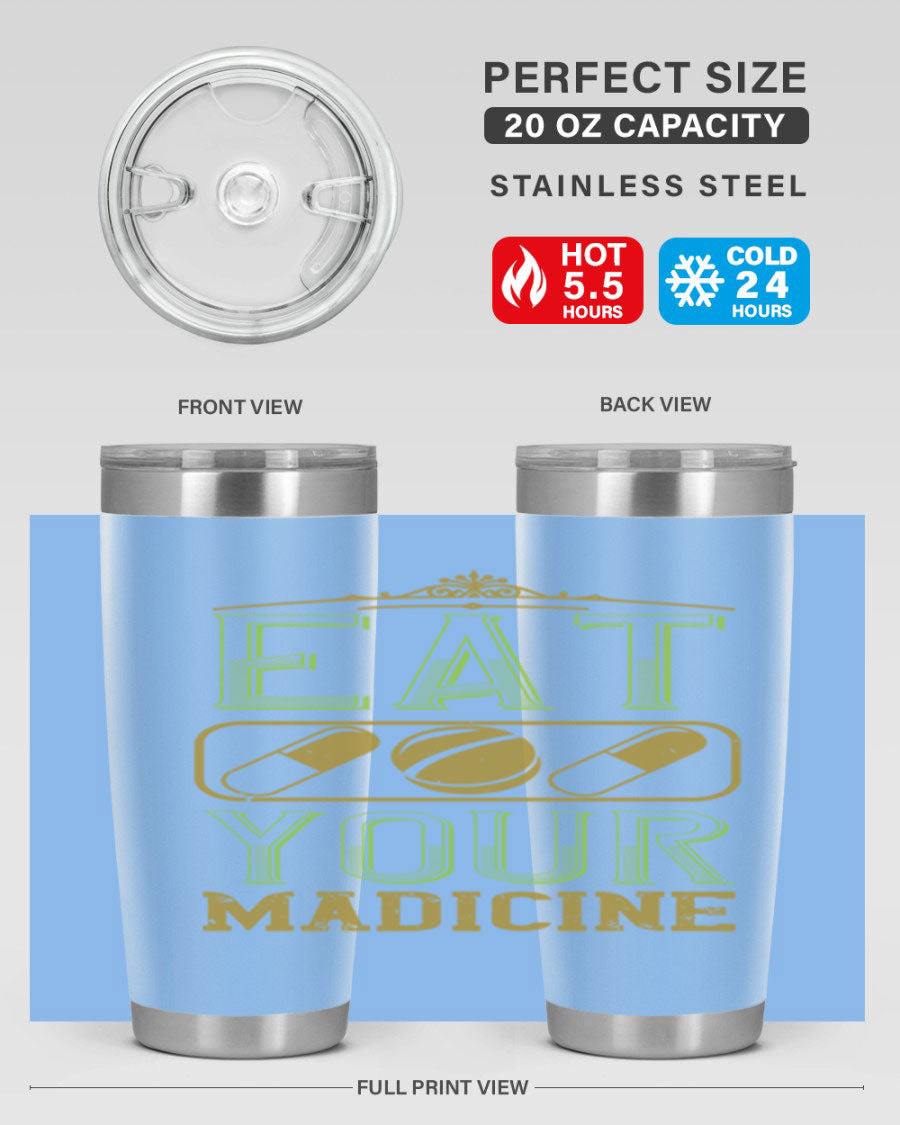 Eat Your Medicine 141# Vegan Tumbler in stainless steel with a vibrant design, perfect for hot and cold beverages.