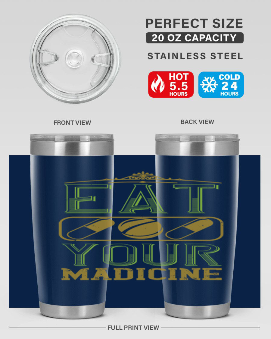 Eat Your Medicine 141# Vegan Tumbler in stainless steel with a vibrant design, perfect for hot and cold beverages.