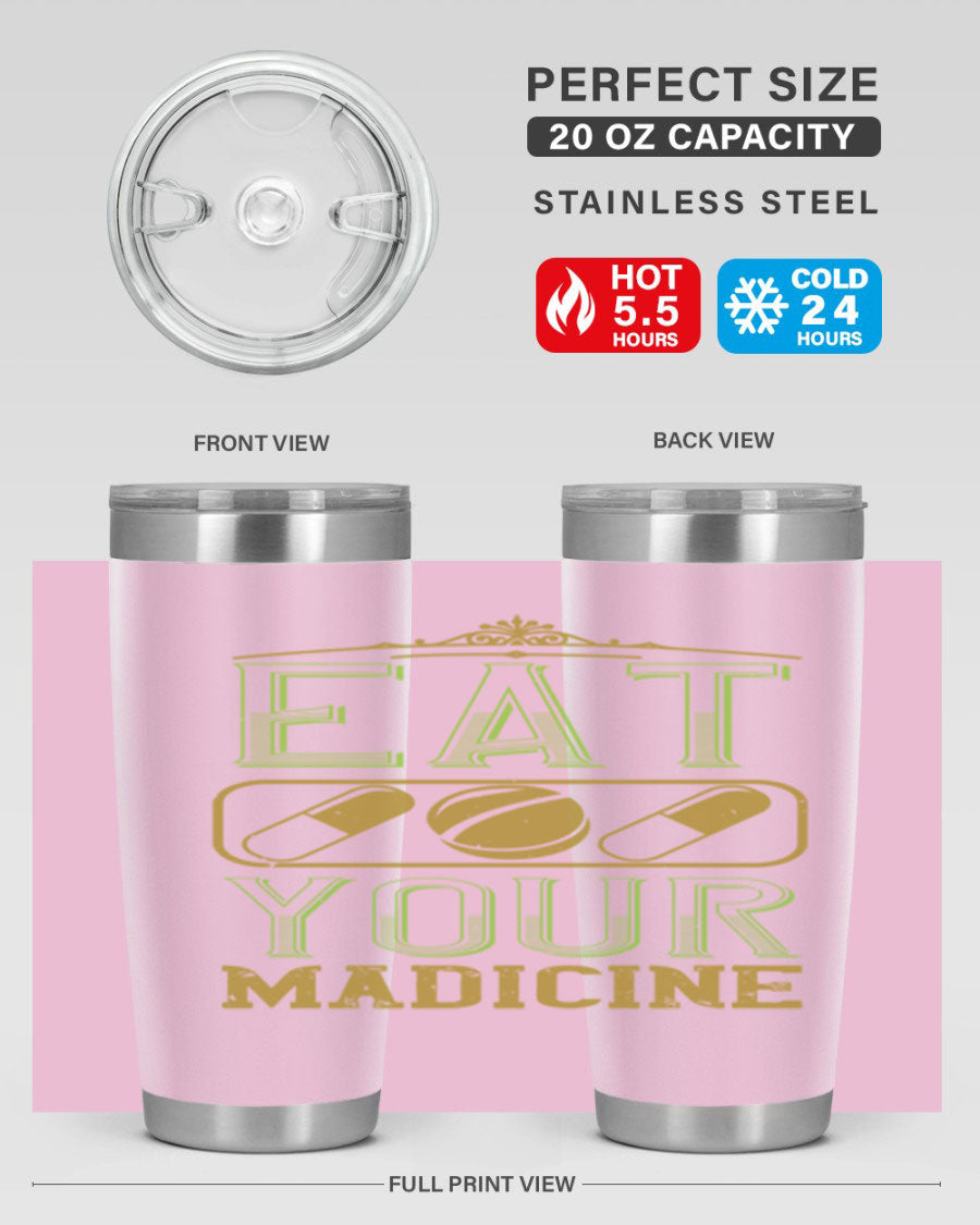 Eat Your Medicine 141# Vegan Tumbler in stainless steel with a vibrant design, perfect for hot and cold beverages.