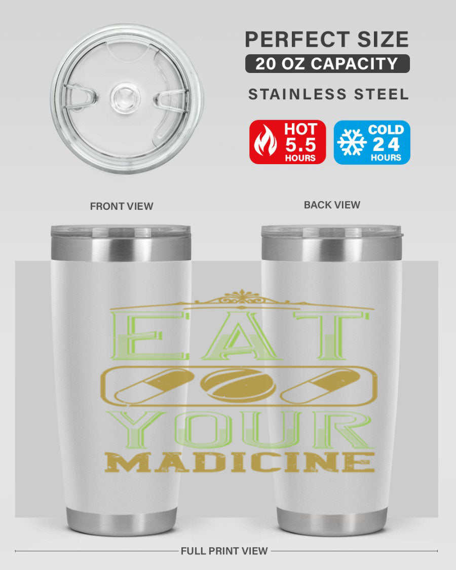 Eat Your Medicine 141# Vegan Tumbler in stainless steel with a vibrant design, perfect for hot and cold beverages.