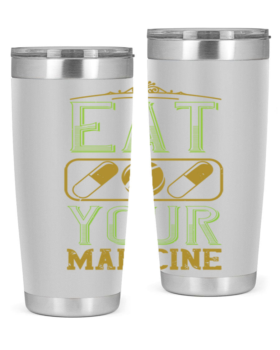 Eat Your Medicine 141# Vegan Tumbler in stainless steel with a vibrant design, perfect for hot and cold beverages.