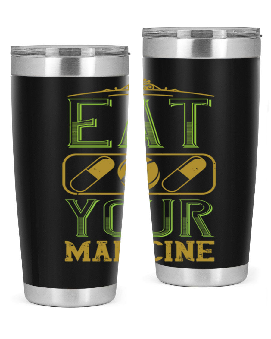 Eat Your Medicine 141# Vegan Tumbler in stainless steel with a vibrant design, perfect for hot and cold beverages.