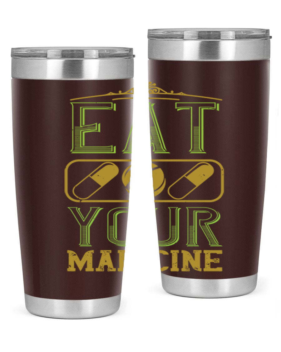 Eat Your Medicine 141# Vegan Tumbler in stainless steel with a vibrant design, perfect for hot and cold beverages.